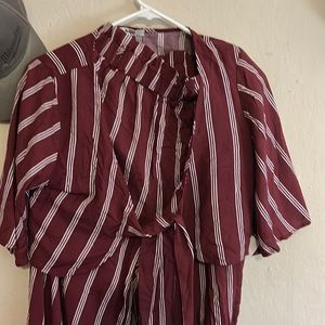 2 piece outfit brown and white bell bottoms pants with elastic waist short top